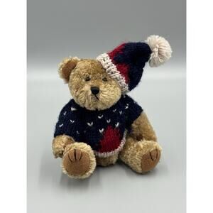 Vtg Chrisha Playful Plush 8” Christmas Teddy Bear Jointed In Knit Sweater & Hat